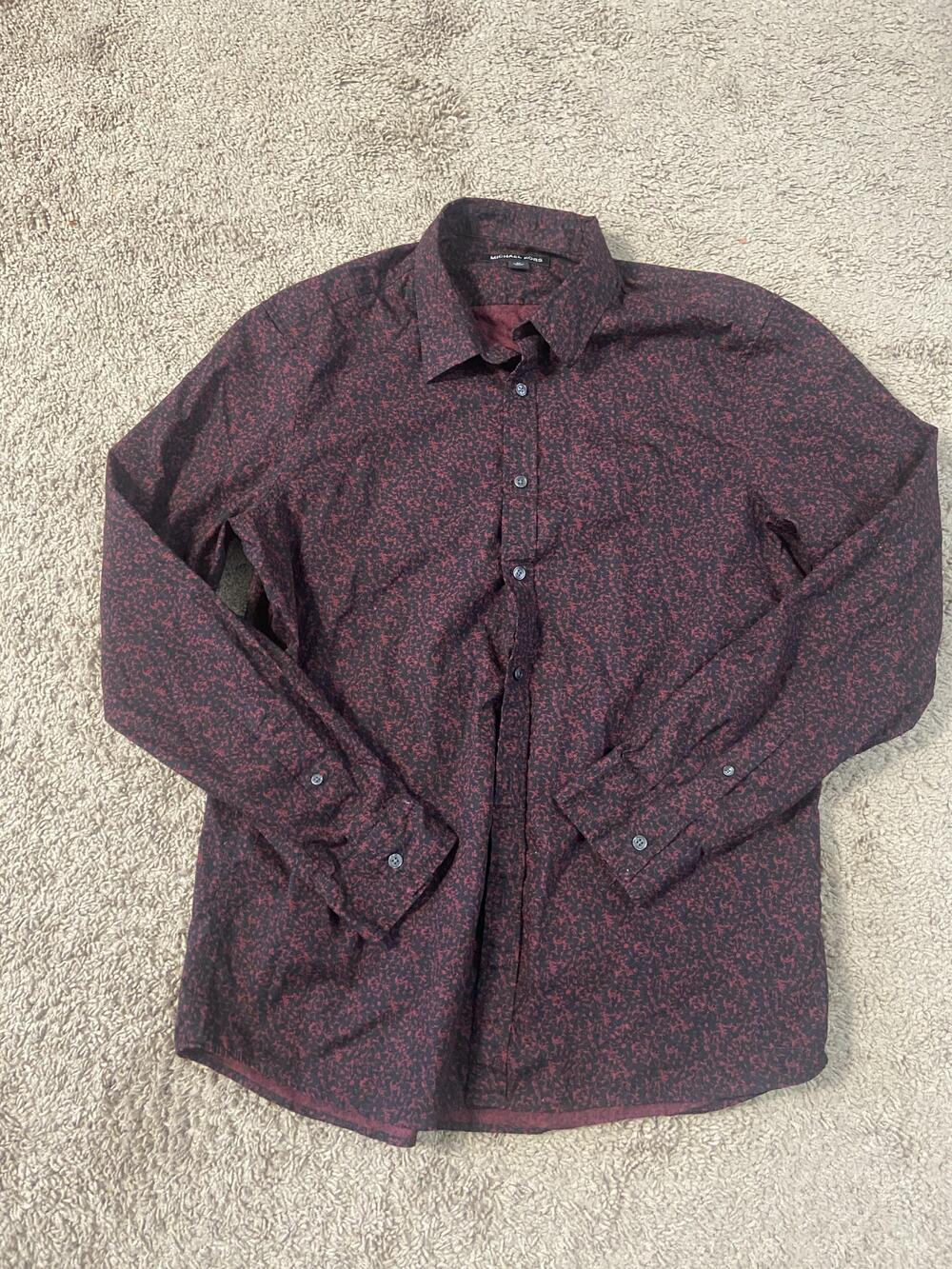 Michael Kors Shirt Mens XL Black Red Floral Print Button Up Long Sleeve Dress